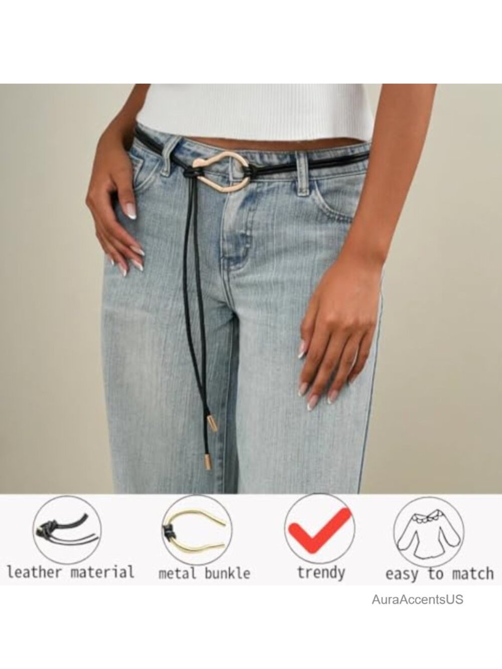 Boho Thin Leather Tie Belt with Gold Buckle Adjustable Rope Belt - Picture 4 of 6